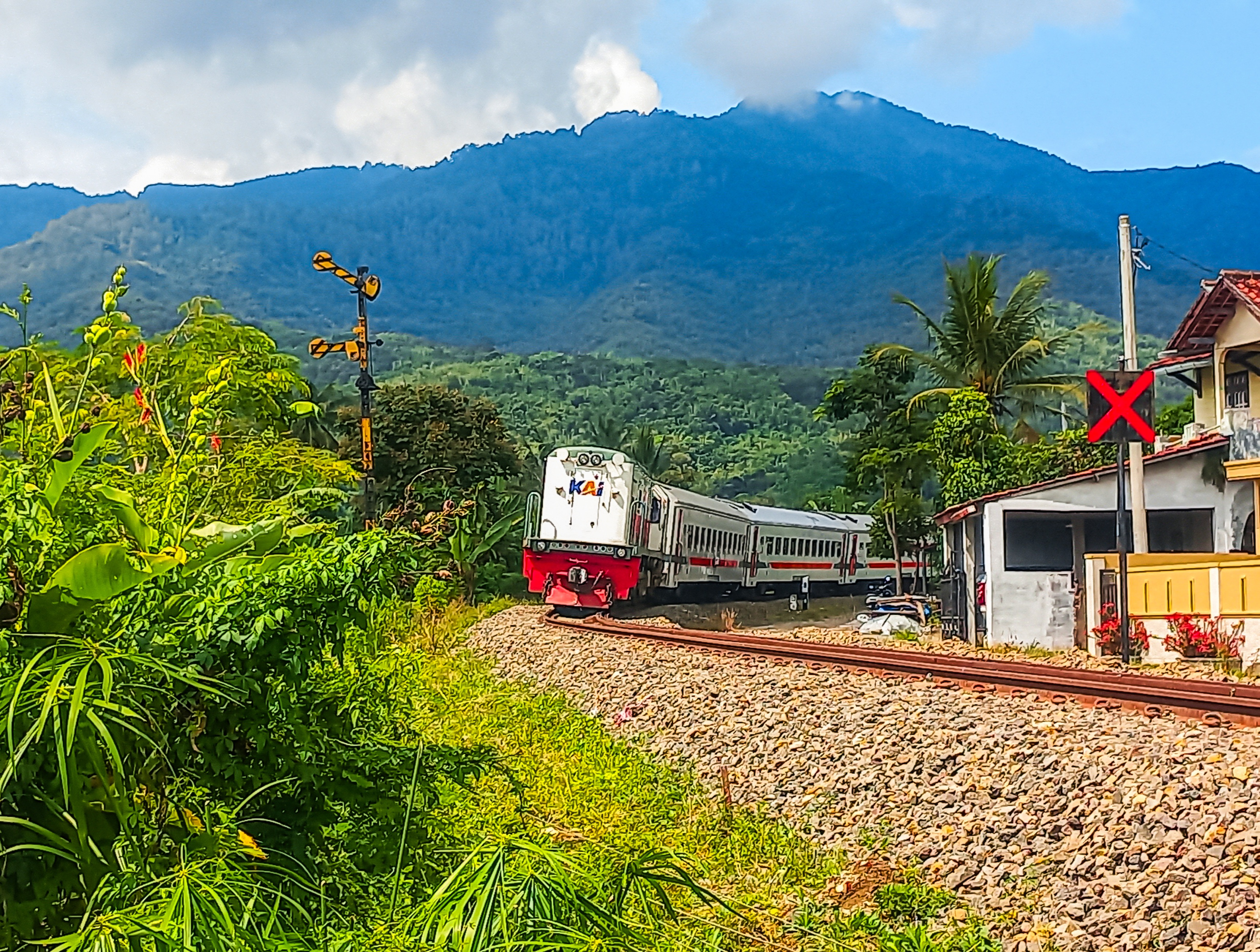 Indahnya Kereta api Menikung Tajam dengan latar belakang pegunungan