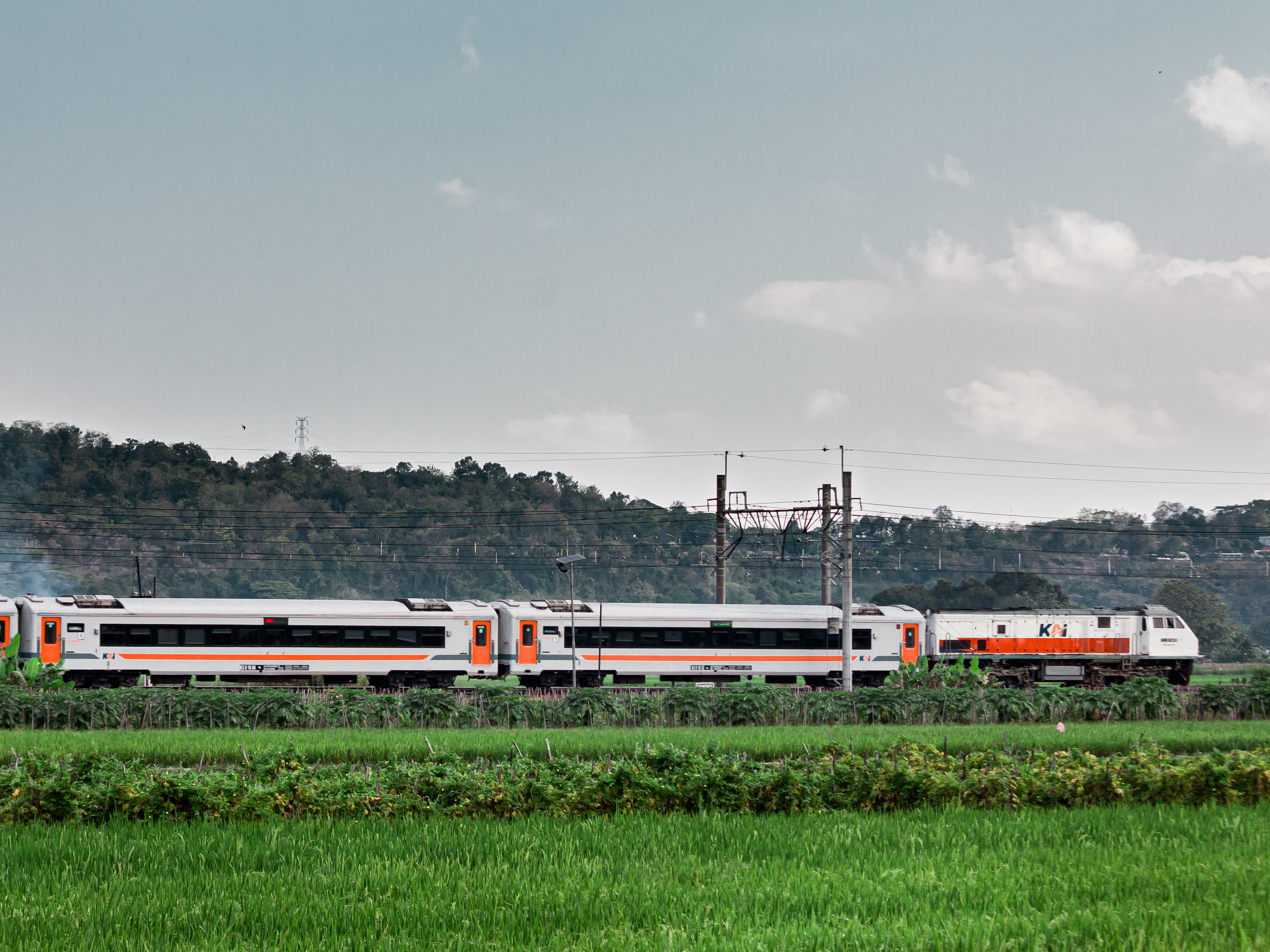 Melintas ditengah hamparan sawah yang luas dengan latar belakang perbukitan